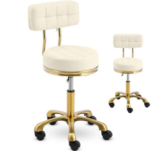Krzesło taboret hoker kosmetyczny z oparciem na kółkach do 150 kg GELA beżowo złoty